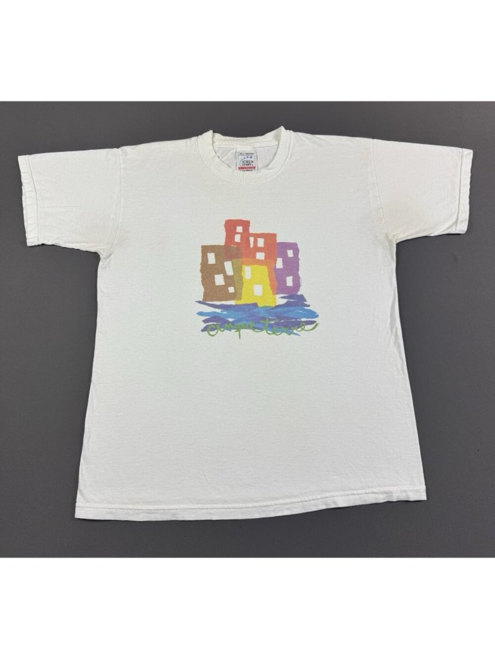 Rare Vintage 80s 90s Cinque Terre Italy Art Painting Screen Stars Medium White T
